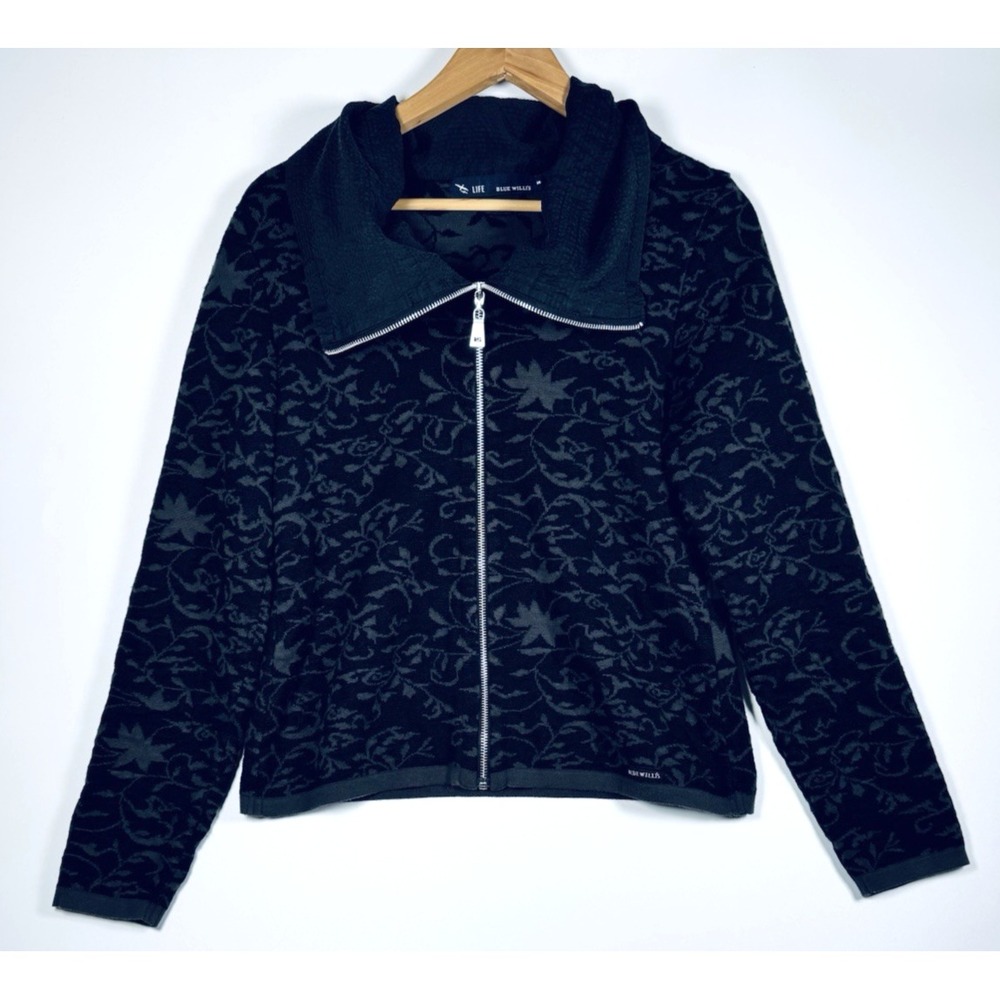 Blue Willi's Linen Blend Zip Jacket Women M Black Gray Floral Danish Design